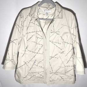 Cambridge Dry Goods Woman 1X‎ Cream Embroidered Jacket 3/4 Sleeve Hook Closure